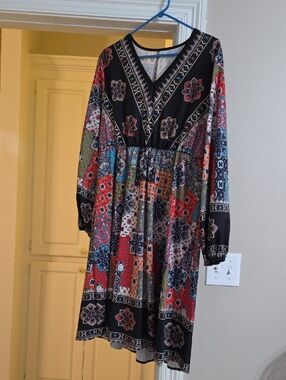 SHEIN Black Multi-Color Patchwork V-Neck Long Sleeve Dress